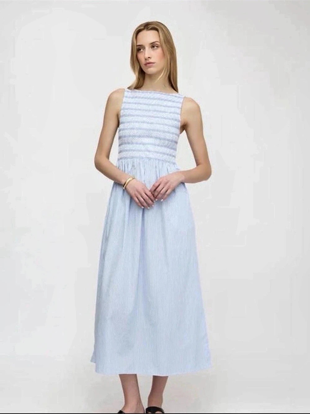 Hill House Cosima Nap Dress Striped Midi Dress in Blue & White
